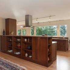 Transitional Open Plan Kitchen With Custom Shelving