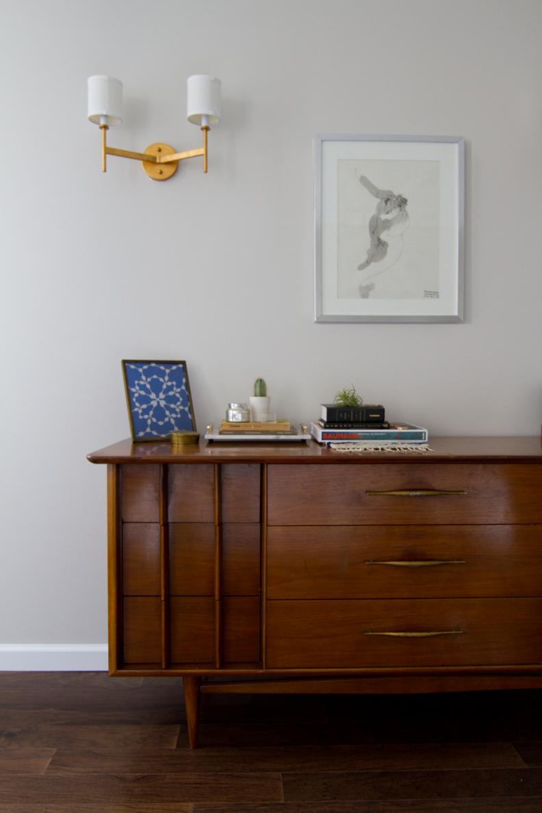 Wooden Console With Light Gray Wall