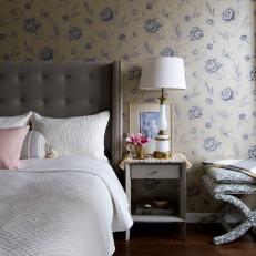 Shabby Chic Bedroom With Gray Tufted Headboard