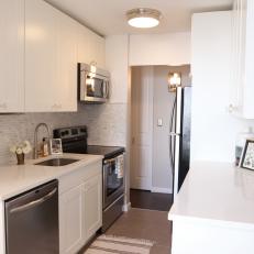 Modern White and Light Gray Galley Kitchen Makeover