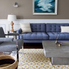 Transitional Taupe Living Room With Blue Tufted Sofa