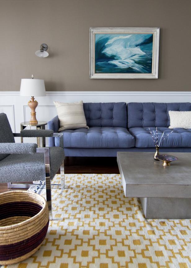 Transitional Taupe Living  Room  With Blue  Tufted  Sofa  HGTV