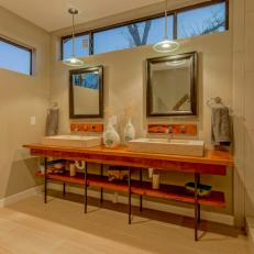 Contemporary Double Vanity Bathroom With Natural Wood Floors