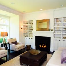 Transitional Living Room Boasts Crisp White Built-Ins