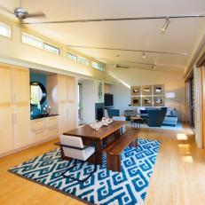 Graphic Blue & White Rug Wows in Open Dining Area