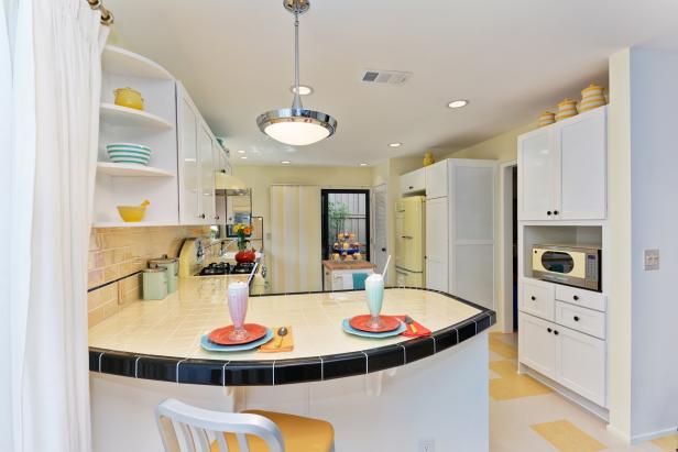 Curved Yellow And Black Tile Countertop In Retro Kitchen Hgtv
