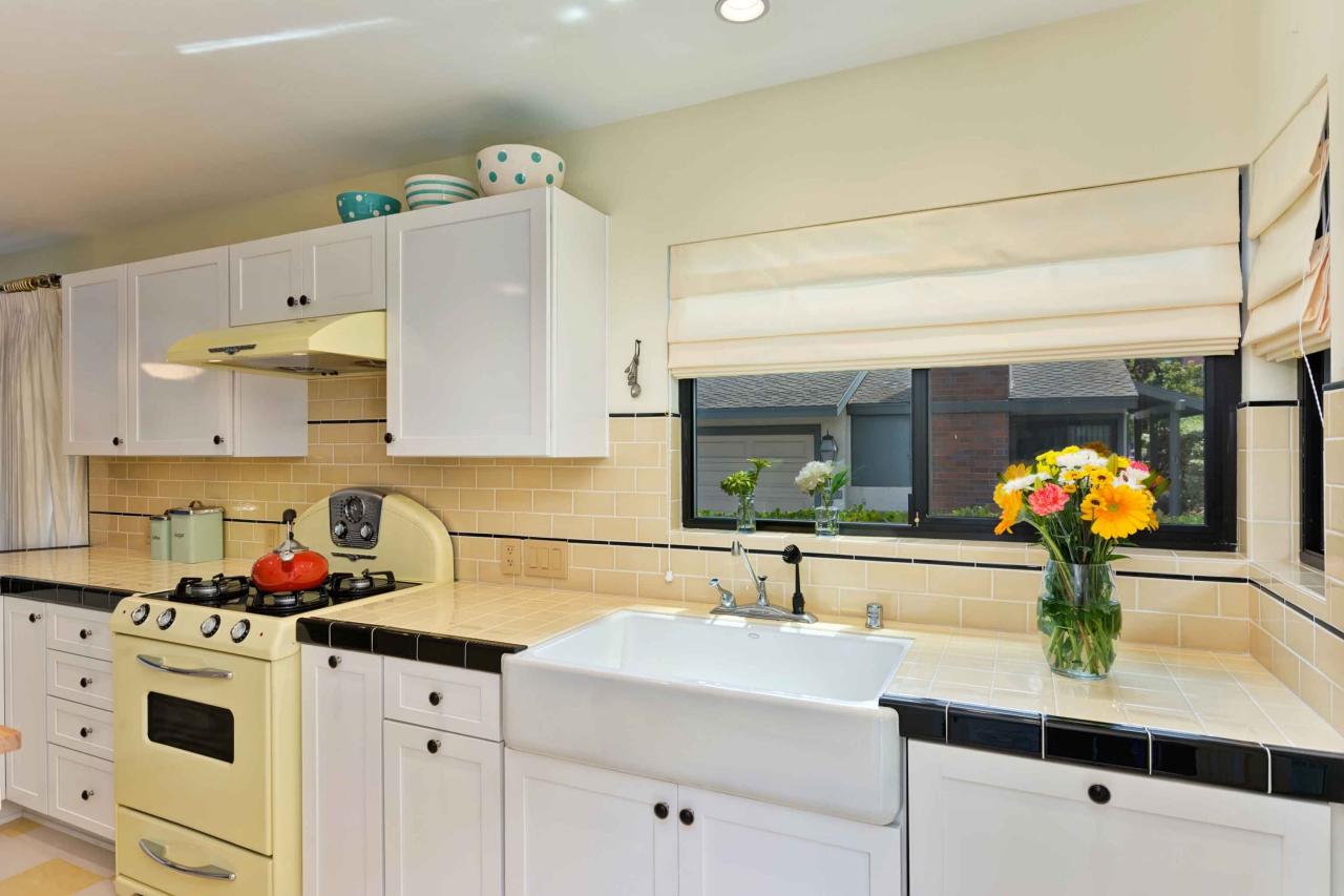 Retro Yellow Tile Countertop and Backsplash With Black ...