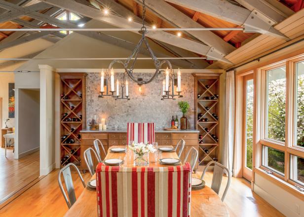 Eclectic Dining Room With Wine Racks & Industrial Chandelier