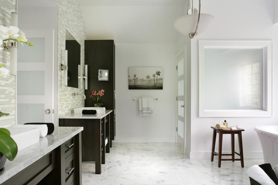Contemporary White Bathroom With Dark Brown Vanities