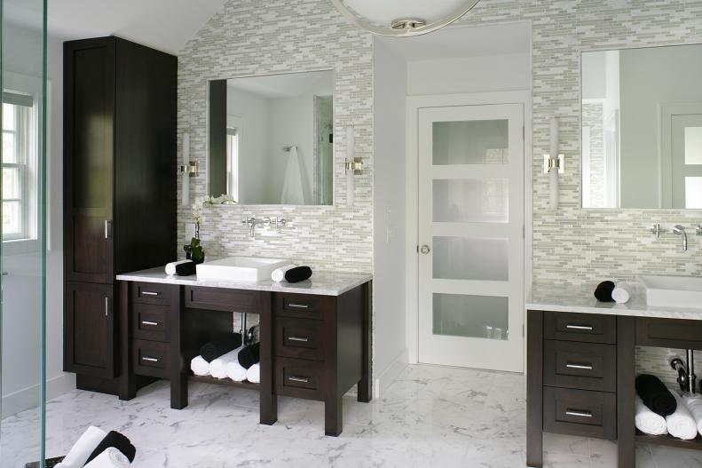 Contemporary Double Vanity Bathroom With Gray & White Mosaic Tile Wall