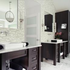 Bright & Airy Bathroom Features Dark Wood Cabinetry