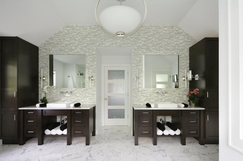 Contemporary White Bathroom With Dark Brown Vanities & Cabinets