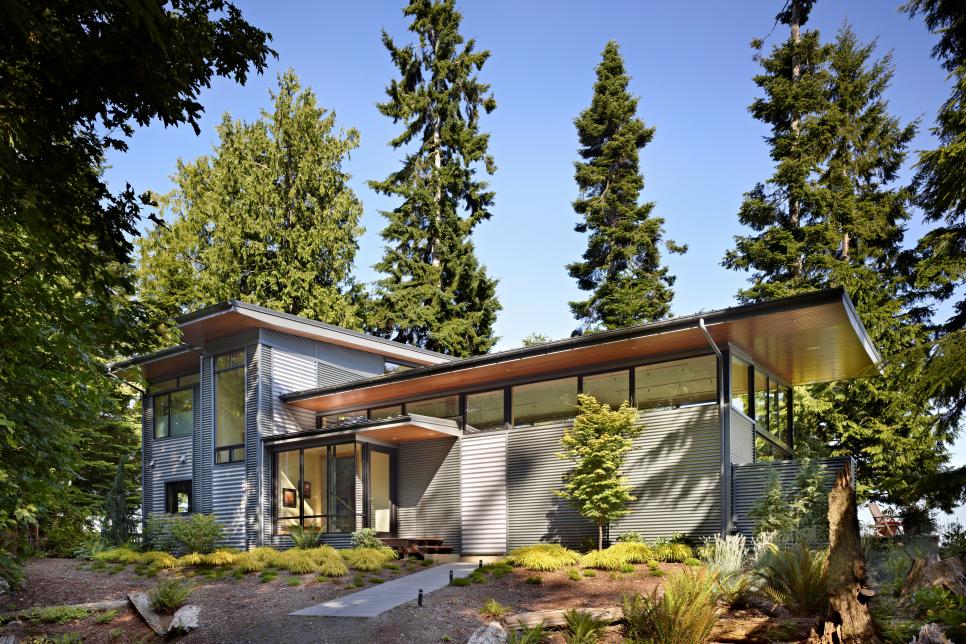 Gray Metal Exterior With Evergreen Trees