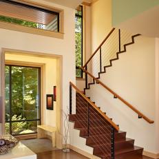 Contemporary Foyer Stairs With Wire Railing