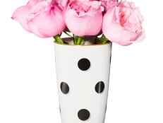 black and white polka dot vase with gold trim