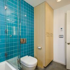 Bright Blue Bathroom With Large Linen Closet