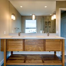 Contemporary Neutral Bathroom With Wood Double Vanity