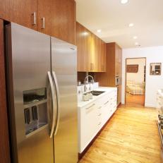 Midcentury Modern Galley Kitchen With Wood Cabinetry