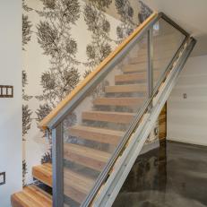 Urban Chic Staircase With Black & White Floral Accent Wall