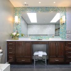 Wood Double Vanity and Blue Mosaic Tile Wall