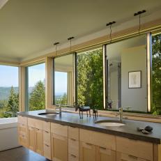 Modern Bathroom with Large Window Bank and Sustainably Harvested Custom Vanity 