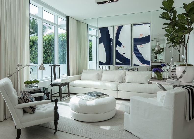 White Living Room With Fiddle-Leaf Fig Tree, Black & White Art