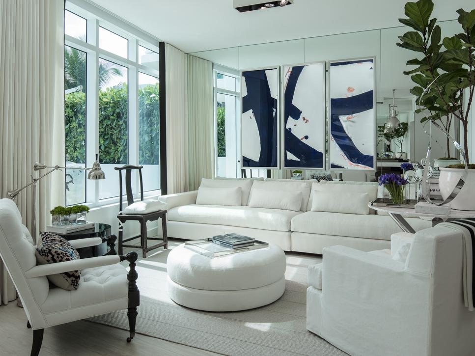 White Living Room With Fiddle-Leaf Fig Tree, Black & White Art
