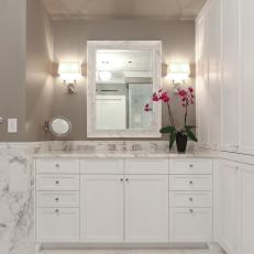Classy White Vanity & Storage in Transitional Gray Bathroom