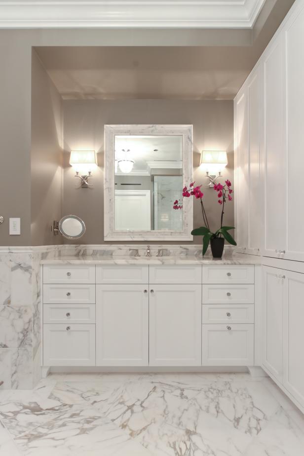 Classy White Vanity & Storage in Transitional Gray Bathroom | HGTV