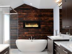 Contemporary White Bathroom With Brown Wood Accent Wall