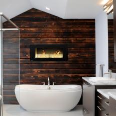 Cozy Master Bathroom With Cedar Plank Accent Wall