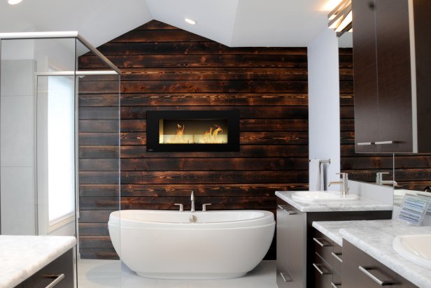Contemporary White Bathroom With Brown Wood Accent Wall