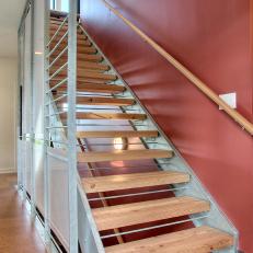 Contemporary Staircase With Red Accent Wall