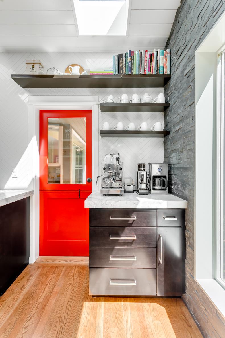 Contemporary Neutral Kitchen With Red Dutch Door and Slate Accent Wall