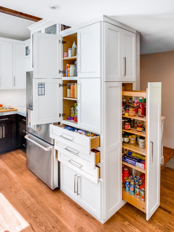White Contemporary Custom Kitchen Storage With Pullout Pantry