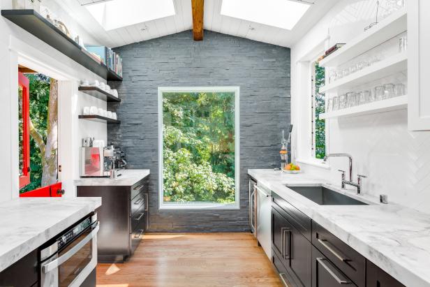 Kitchen's Large Picture Window Set in Slate Stacked-Stone Wall