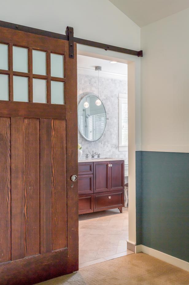 Sliding Barn Door Entrance to Serene Master Bathroom | HGTV