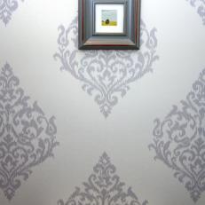 Master Bathroom With Gray and White Damask Wallpaper