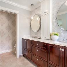 Transitional Master Bathroom With Spacious Cherry Wood Vanity 