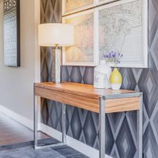 Modern Gray Entryway With Vintage Framed Maps