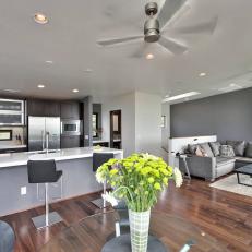 Gray Contemporary Open Plan Kitchen and Living Area