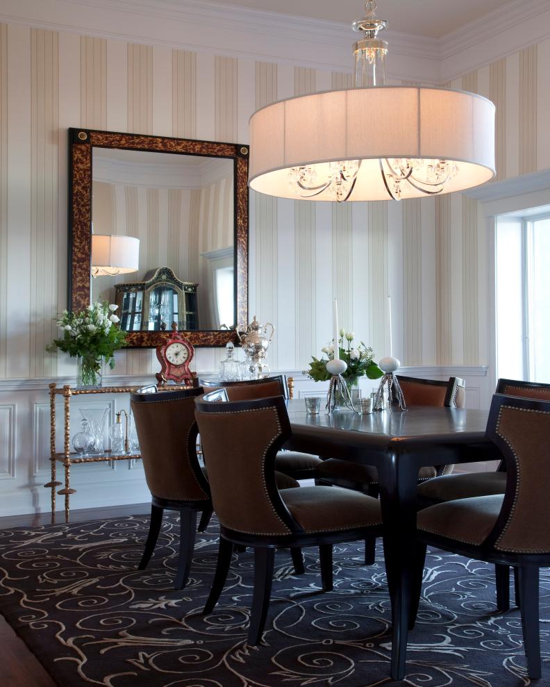 Traditional Dining Room With Striped Wallpaper