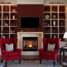 Transitional, Red Sitting Room With Built-In Bookshelves