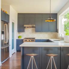 Modern Eat-In Kitchen Features Blue-Gray Cabinets