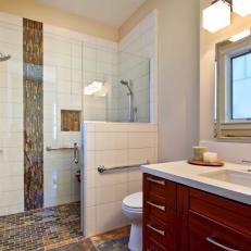 Neutral Transitional Bathroom With Brown Mosaic Tile