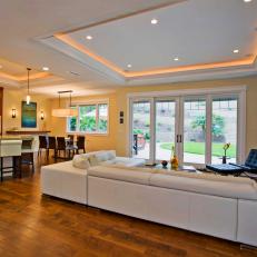 Neutral Open Plan Transitional Living Room With White Sectional