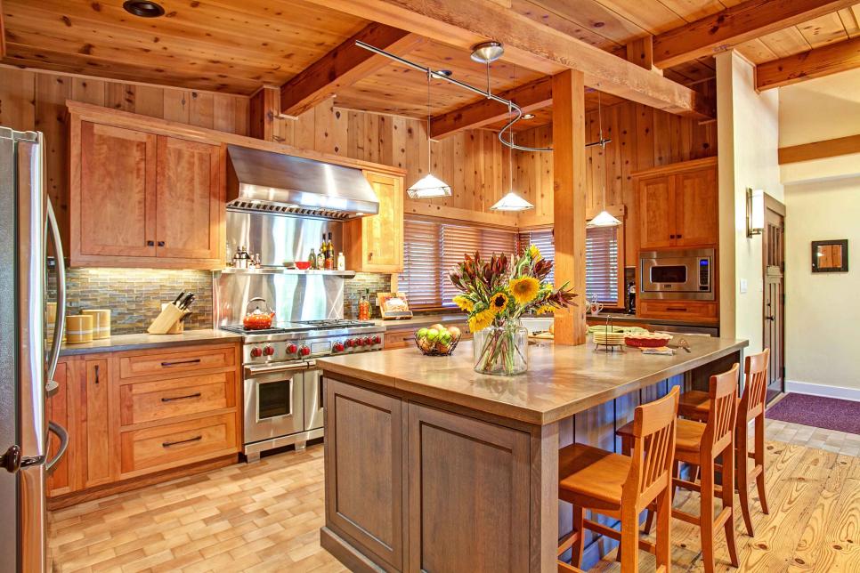 Rustic Wood Kitchen With Wood Cabinets & Island