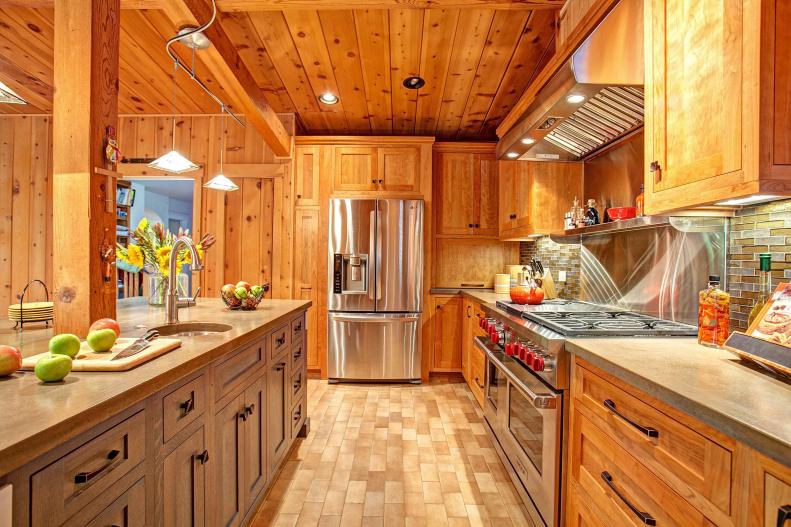 Rustic Wood Kitchen With Stone Countertops, Wood Cabinets & Ceiling