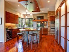 Neutral Kitchen With Asian Accents & Brown Hardwood Floor