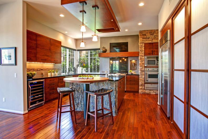 Neutral Kitchen With Asian Accents & Brown Hardwood Floor